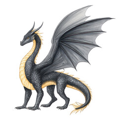 Obraz premium A black dragon with yellow accents is depicted against a white background.