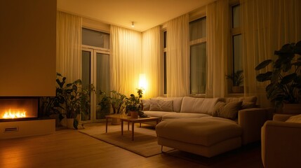 Fototapeta premium Warm inviting living room interior with sofa fireplace plants and soft lighting.