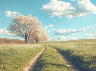 Dirt Road Through Field with Blossoming Trees and Sky