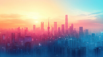 Fototapeta premium Vibrant City Skyline at Sunrise with Pink and Blue Hues