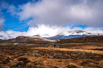 Beautiful landscape on blue sky during road trip in Iceland 