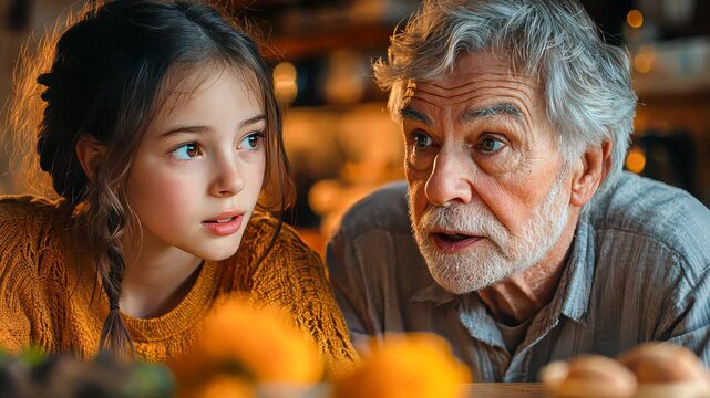 Grandfather and granddaughter engaged in deep conversation at home, cozy atmosphere and intergenerational bonding