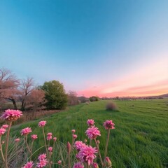 Pink flowers in foreground of scenic sunset over green field.