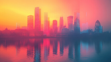 Fototapeta premium Vibrant City Skyline at Sunset, Reflected in Calm Water