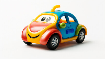 Bright and cheerful colorful toy car with big eyes and a smile. Fun for toddlers and young children.