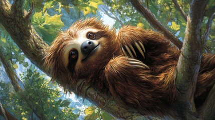 Fototapeta premium Adorable sloth resting on a tree branch in a lush forest.