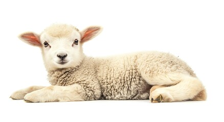 Fototapeta premium Cute baby lamb sitting, looking at the camera, isolated on a white background