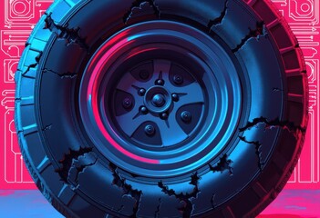 Cracked tire against a vibrant neon background, showcasing wear and tear