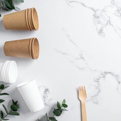A collection of eco-friendly paper cups filled with colorful beverages, paired with wooden spoons, elegantly arranged among fresh green leaves on a pristine white marble background.