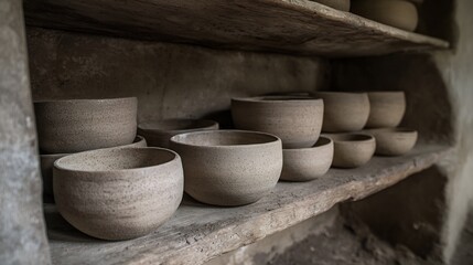 High detail closeup of artisan pottery bowls rustic shelf sharp textures earthy natural tones soft directional light