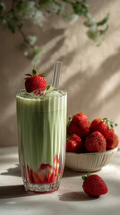 photorealistic, vibrant, smooth, layered matcha strawberry iced latte in a sculpted glass, clear glass with ribbed/fluted design, pale green matcha layer over a layer of creamy milk, strawberry puree 