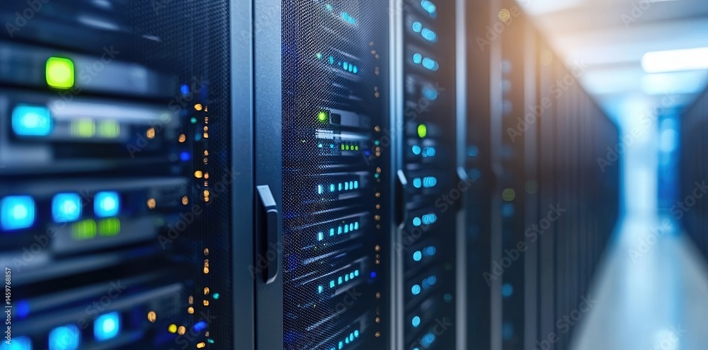 Aufkleber Brightly lit data center servers with sleek black panels and high performance architecture for cloud based operations, IT infrastructure and network storage