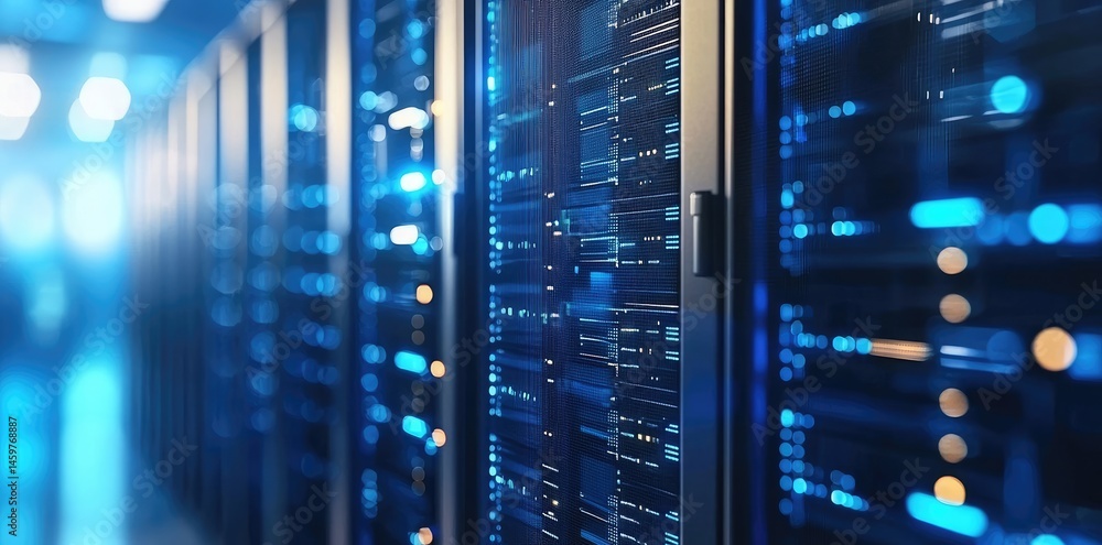Poster Advanced server room showcasing network hardware with vibrant blue lights, designed for cloud computing, cybersecurity, and enterprise data infrastructure