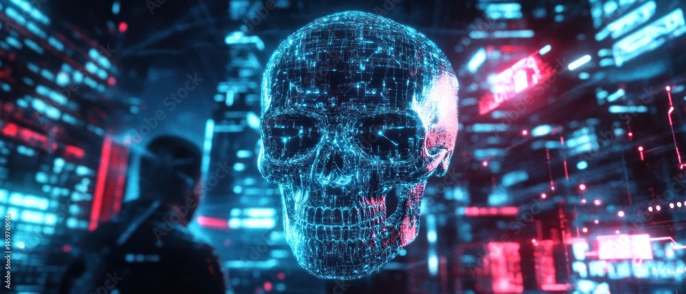 Poster digital polygonal skull on data processing background