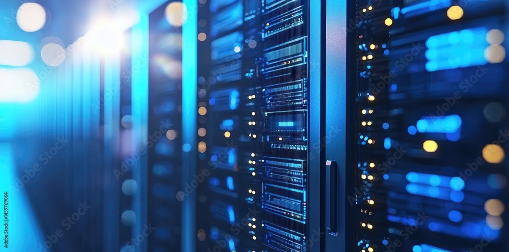 Poster High tech data servers line a corridor in a sleek and modern data center, ideal for cloud based infrastructure, secure hosting and business solutions