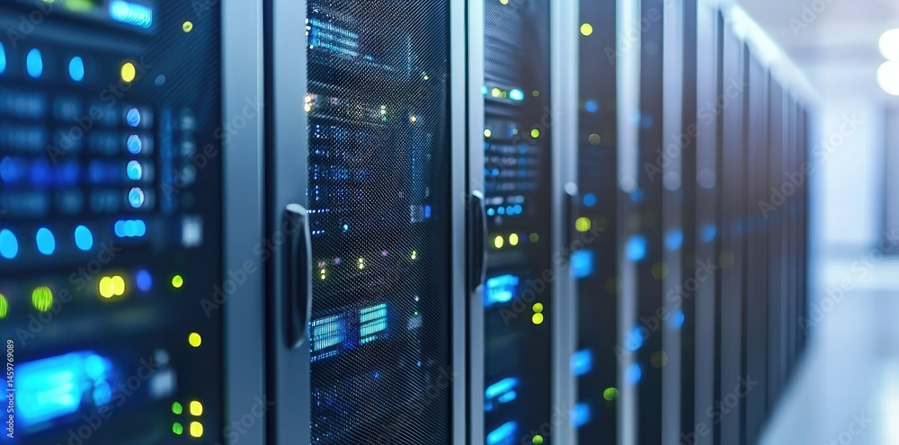 Poster Data center hallway filled with advanced server racks and glowing indicators, representing secure cloud computing, cyber operations and digital platforms