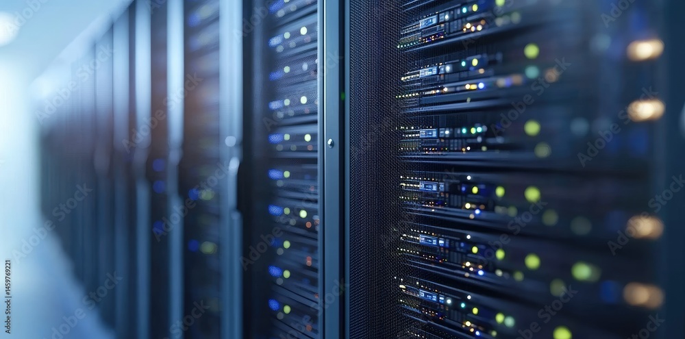 Poster Close up of data servers with blue lighting in a secure environment, ideal for network operations, cloud storage, and enterprise level computing platforms
