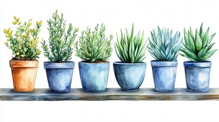 Fototapeta premium Colorful Watercolor Illustration of Vibrant House Plants in Pots