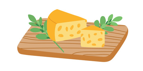 Cheese and herbs on a wooden cutting board. Flat vector, clipart illustration isolated on white background.