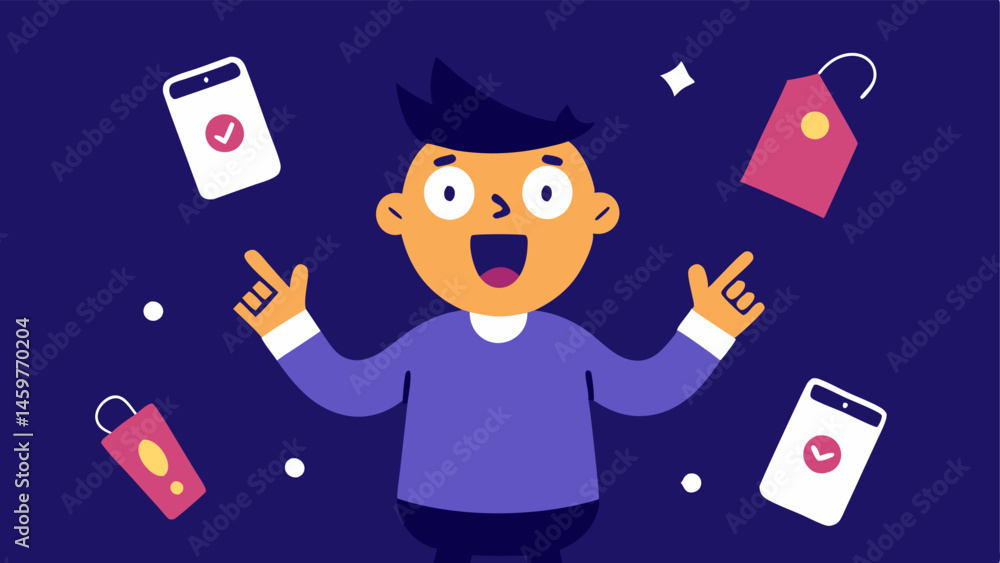 Poster smartphone frenzy a character with wide eyes grasps a smartphone in one hand as animated sale tags a