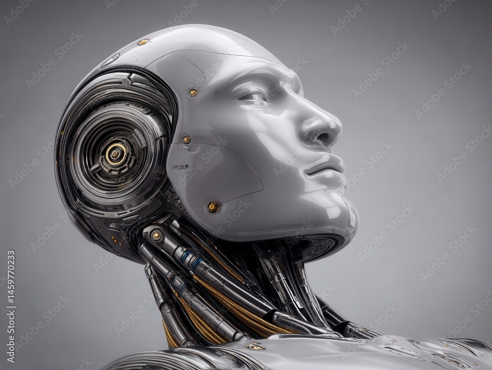 Poster advanced humanoid robot head showcasing intricate design and futuristic metallic features embodying 