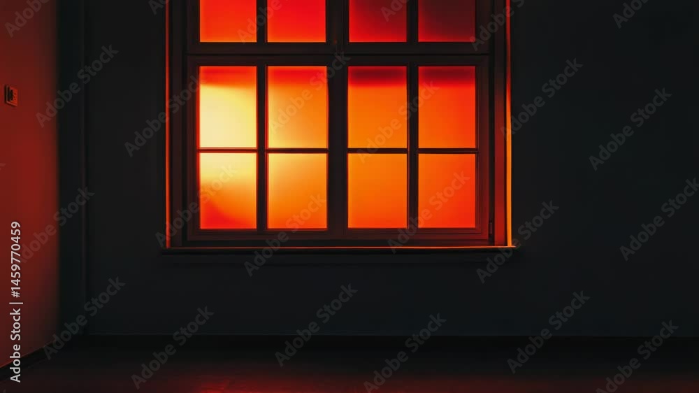 Poster A window with a red light shining through it, ideal for use in dark scenes or as a decorative element