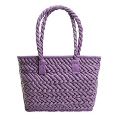 Elegant lilac woven handbag with intricate rope detailing against black backdrop