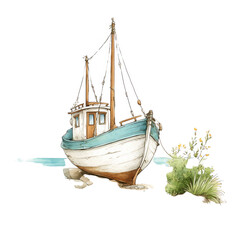 Naklejka premium Watercolor painting of fishing boat resting on shore near green bush art