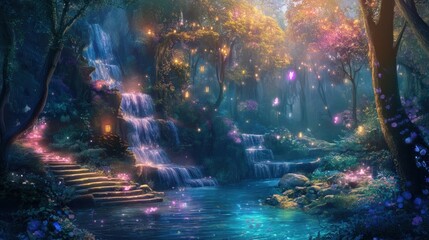 Magical waterfall in enchanted forest with glowing lights and butterflies.