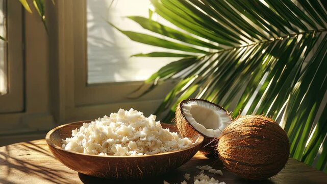 Coconut and coconut flakes in a plate on the table. Selective focus. Nature.