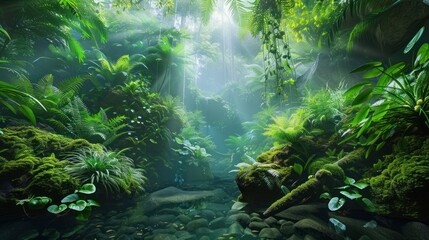 A lush green jungle with sunlight shining through the trees. The scene is serene and peaceful