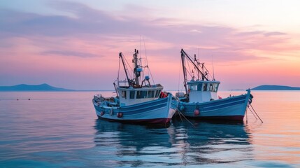 Two fishing boats at rest in calm water during sunset.