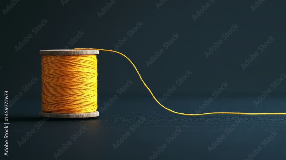 Aufkleber a minimalist image of a spool of yellow thread placed on a smooth black surface, the thread unspooli