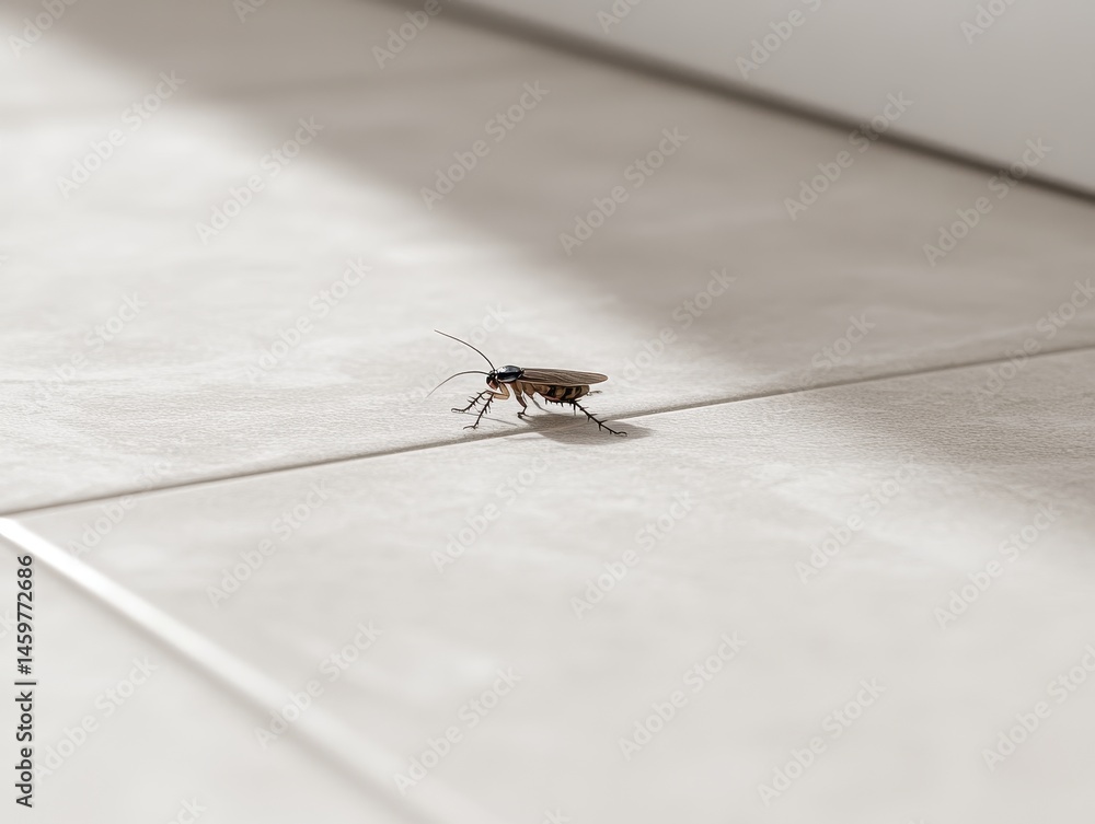 Poster close-up image of a cockroach crawling on a smooth light-colored floor surface in a bright room with