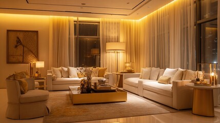 Fototapeta premium Elegant living room with sofas armchair coffee table curtains and warm lighting.