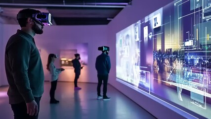 Immersive Virtual Reality Experience: People Exploring Digital Art in Gallery - Powered by Adobe