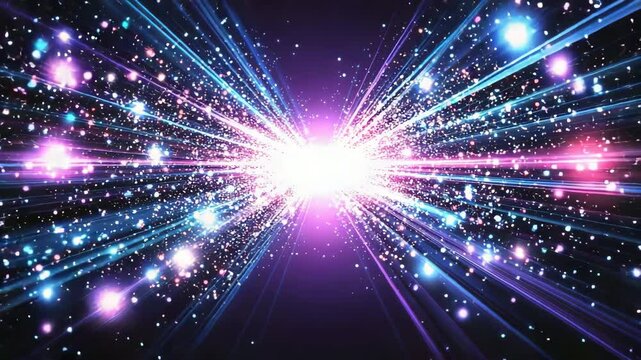 Bright purple and blue explosion of light with dynamic swirls and radiant energy in the night sky