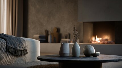 Cozy living room interior with fireplace sofa and decorative objects on table.