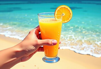 Obraz premium Refreshing orange juice served on a sunny beach with ocean waves