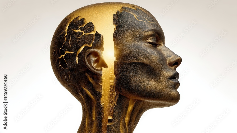 Poster a striking representation of an abstract human form featuring golden textures and urban elements sym