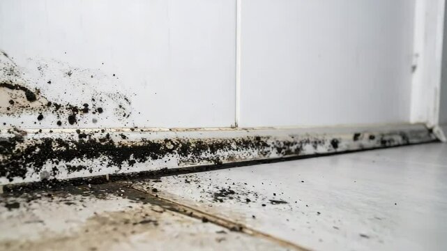 Mold and dirt accumulation along baseboard in damp home environment Essential cleaning and maintenance for better interior health.