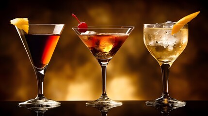 Three classic cocktails in elegant glassware.