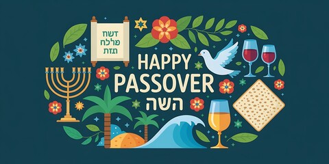 Passover vector illustration featuring a circular arrangement of traditional symbols including menorah, matzah, wine glasses, Hebrew text dark teal background representing the Jewish holiday of Pesach