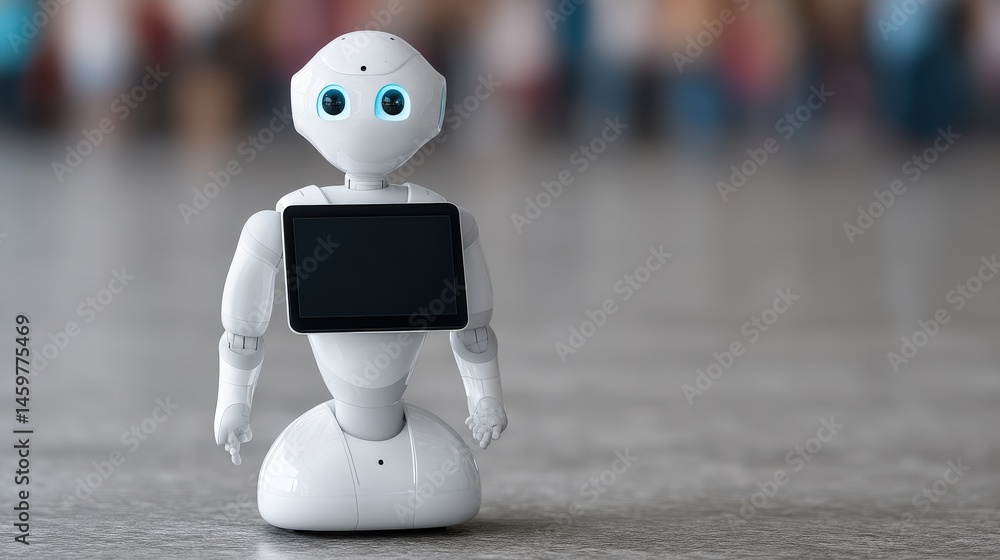 Poster friendly humanoid robot design with a digital display in a modern environment showcasing innovation 