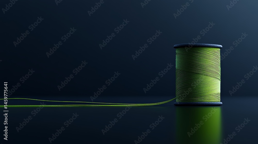 Aufkleber a minimalist image of a spool of green thread placed on a smooth black surface, the thread unspoolin