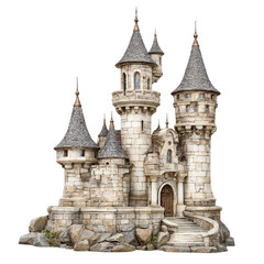 Detailed stone castle with turrets stands against a plain white backdrop.