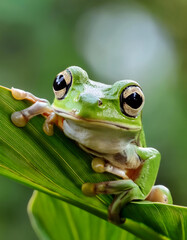 Obraz premium A vibrant green frog with large, reflective eyes sits on a leaf, showcasing intricate details and textures. Generative AI