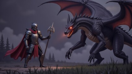 Fototapeta premium Brave Knight Confronts Fierce Dragon: Epic Battle in Fantasy Landscape
