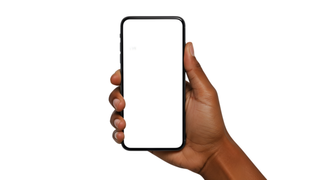 Female hands raising mobile phone on transparent background,generative ai