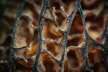  Extreme close-up view of the detailed, honeycomb-like cap structure of a Morchella conica mushroom, highlighting its texture and natural patterns.